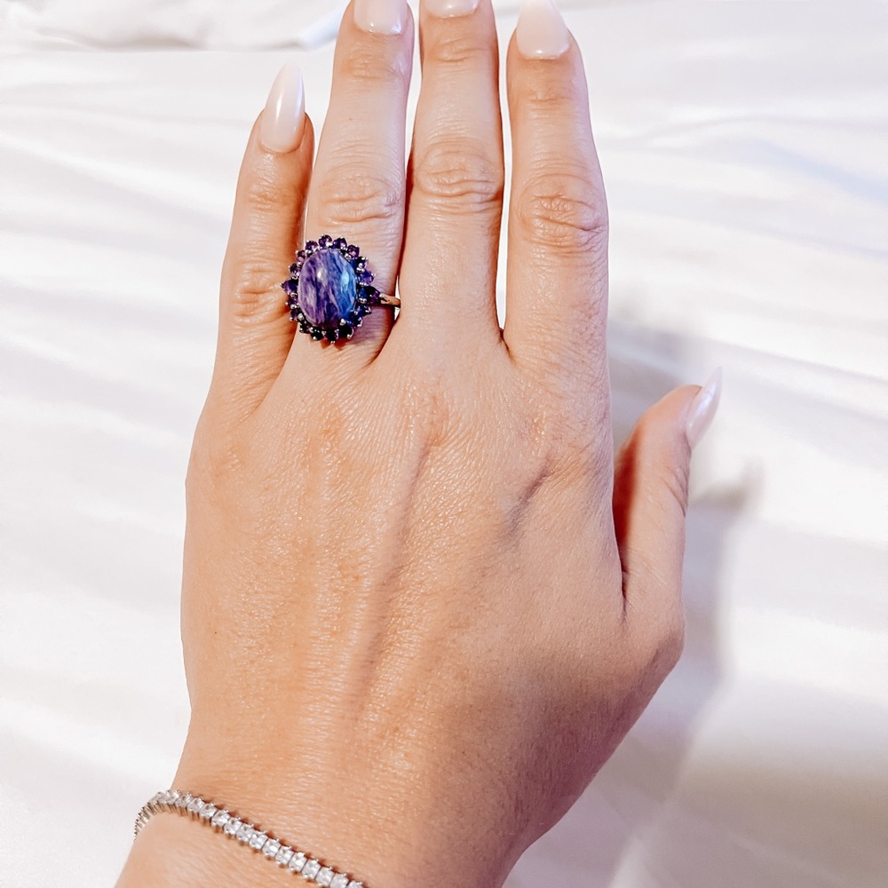 Purple Charoite 8ctw Amethyst Rhodium Over Sterling Silver Ring 1.11ctw